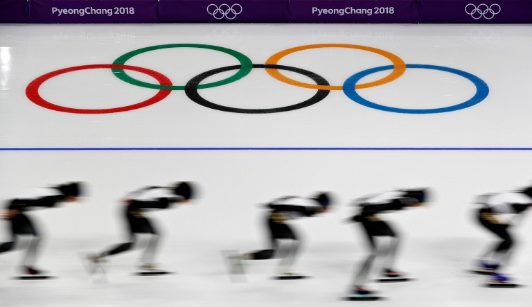 Speed skaters train at the Gangneung Oval during a speed skating training session prior to the 2018 Winter Olympics in Gangneung, South Korea, Wednesday, Feb. 7, 2018. (AP Photo/John Locher)