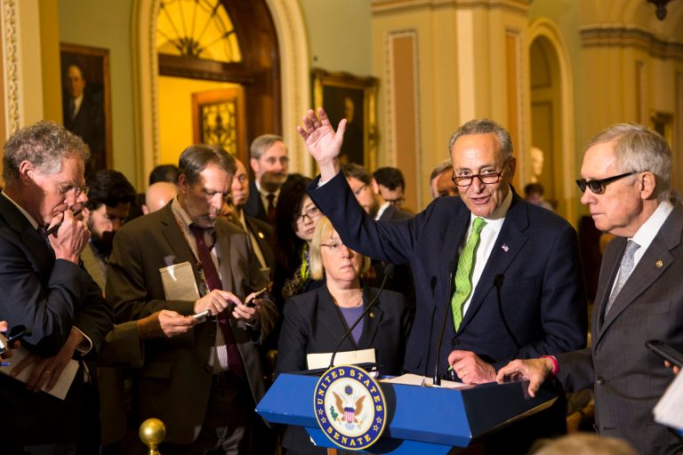 Sen. Charles Schumer, D-N.Y., flanked by Sen. Patty Murray, D-Wash., and Senate Minority Leader Harry Reid of Nev. speaks with reporters on Capitol Hill in Washington, Tuesday, May 5, 2015, following a policy luncheon. (AP Photo/Brett Carlsen)