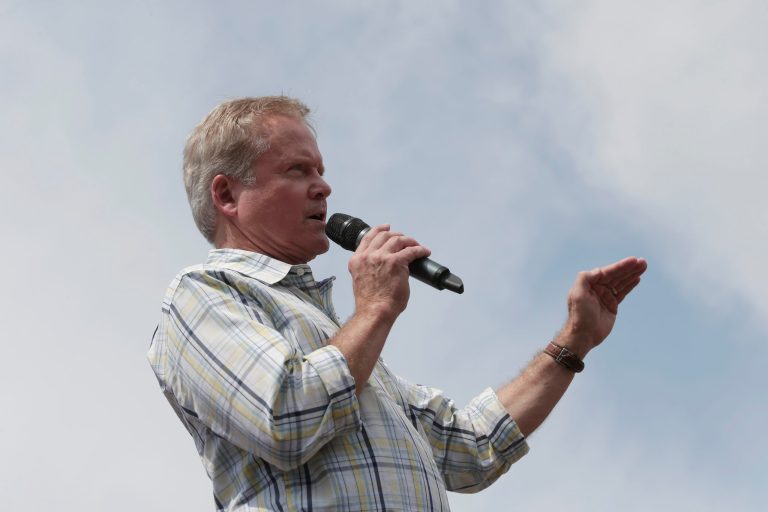 Democratic presidential candidate, former Virginia Sen. Jim Webb, speaks at the Iowa State Fair Thursday, Aug. 13, 2015, in Des Moines. (AP Photo/Charlie Riedel)