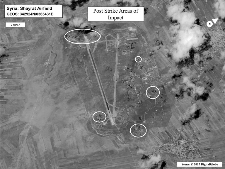 This satellite image released by the U.S. Department of Defense shows a damage assessment image of Shayrat air base in Syria, following U.S. Tomahawk Land Attack Missile strikes on Friday, April 7, 2017 from the USS Ross (DDG 71) and USS Porter (DDG 78), Arleigh Burke-class guided-missile destroyers. The United States blasted the air base with a barrage of cruise missiles on Friday, April 7, 2017 in fiery retaliation for this week's gruesome chemical weapons attack against civilians. (DigitalGlobe/U.S. Department of Defense via AP)