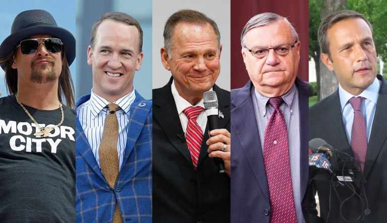 These five — Kid Rock, Peyton Manning, Roy Moore, Joe Arpaio, and Paul Nehlen — have their differences with President Trump and each other, but all of them are easier to see as future Republican contenders after his nomination and election. (AP Photos)