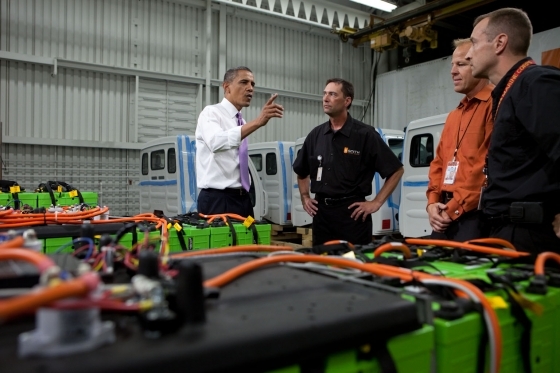 President Barack Obama gestures during a tour of Smith Electric Vehicles in Kansas City, Mo. Smith Electric Vehicles is an all-electric, zero emissions commercial truck manufacturer that received a $32 million Recovery Act grant to build all-electric trucks July 8, 2010. (Official White House Photo by Chuck Kennedy)