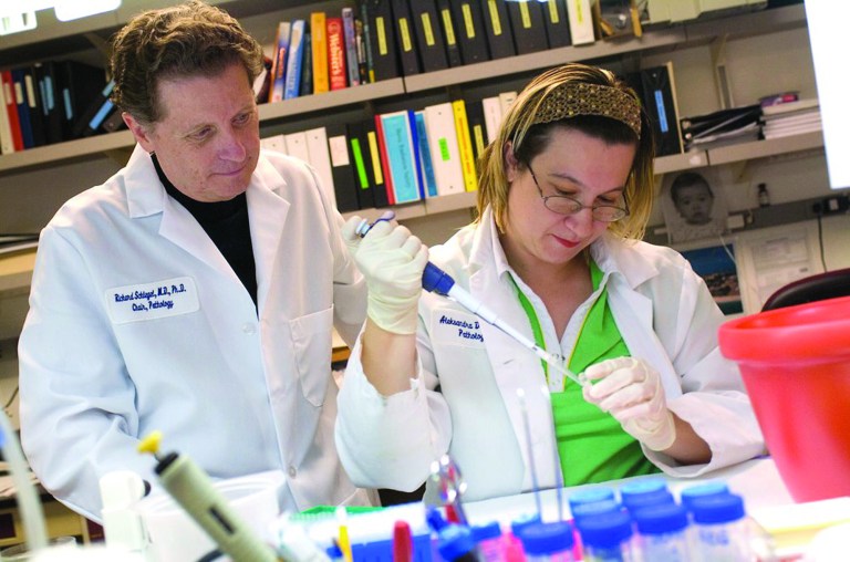 This 2008 picture provided by Georgetown University shows Richard Schlegel, M.D., Ph.D., left, and research associate Aleksandra Dakic, Ph.D., in his laboratory at Georgetown University Medical Center in Washington. A discovery allows doctors to grow 