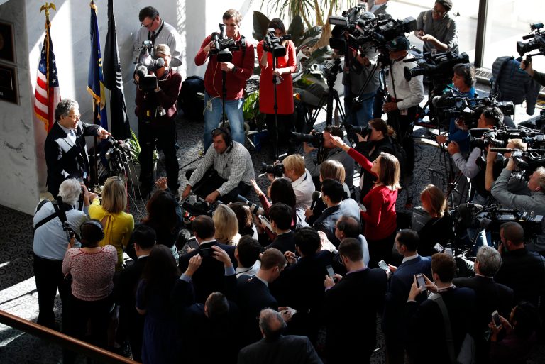 Sen. Al Franken, D-Minn., points to a question as he speaks to the media on Capitol Hill, Monday, Nov. 27, 2017 in Washington. (AP Photo/Alex Brandon)