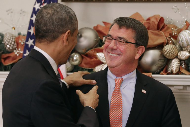 President Obama jokes with Ashton Carter after Obama announced his nomination of Carter to be the next defense secretary in the Roosevelt Room at the White House Dec. 5, 2014 in Washington. Carter, who served as the second in charge at the Pentagon under both secretaries Leon Panetta and Chuck Hagel, is expected to face a smooth confirmation process in the U.S. Senate. (Photo by Chip Somodevilla/Getty images)