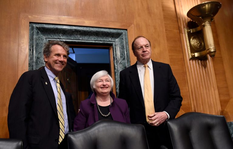 Sen. Richard Shelby, R-Ala., right, and Sen. Sherrod Brown, D-Ohio, left, pose for a photo with Federal Reserve Chair Janet Yellen, on Capitol Hill in Washington, Thursday, July 16, 2015. (AP Photo)Â 