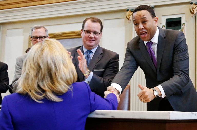 Speaker of the Oklahoma House T.W. Shannon, right, greets Oklahoma Governor Mary Fallin, left, during a joint session of the legislature in Oklahoma City on Monday. (AP Photo/Sue Ogrocki)