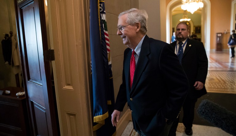 Senate Majority Leader Mitch McConnell, R-Ky., walks from the chamber to his office as the GOP overhaul of the tax bill nears a vote, on Capitol Hill in Washington, Friday, Dec. 1, 2017. (AP Photo/J. Scott Applewhite)