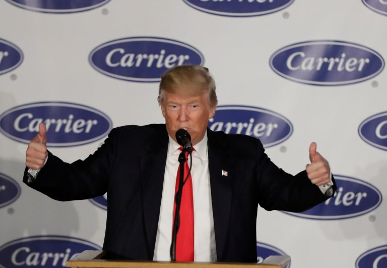 President-elect Donald Trump speaks at Carrier Corp Thursday, Dec. 1, 2016, in Indianapolis. (AP Photo/Darron Cummings)