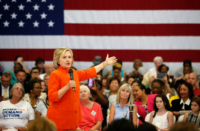 Hillary Clinton responded to the young girl's question about salary by explaining that "this is one of the jobs where they have to pay you the same." (AP Photo)