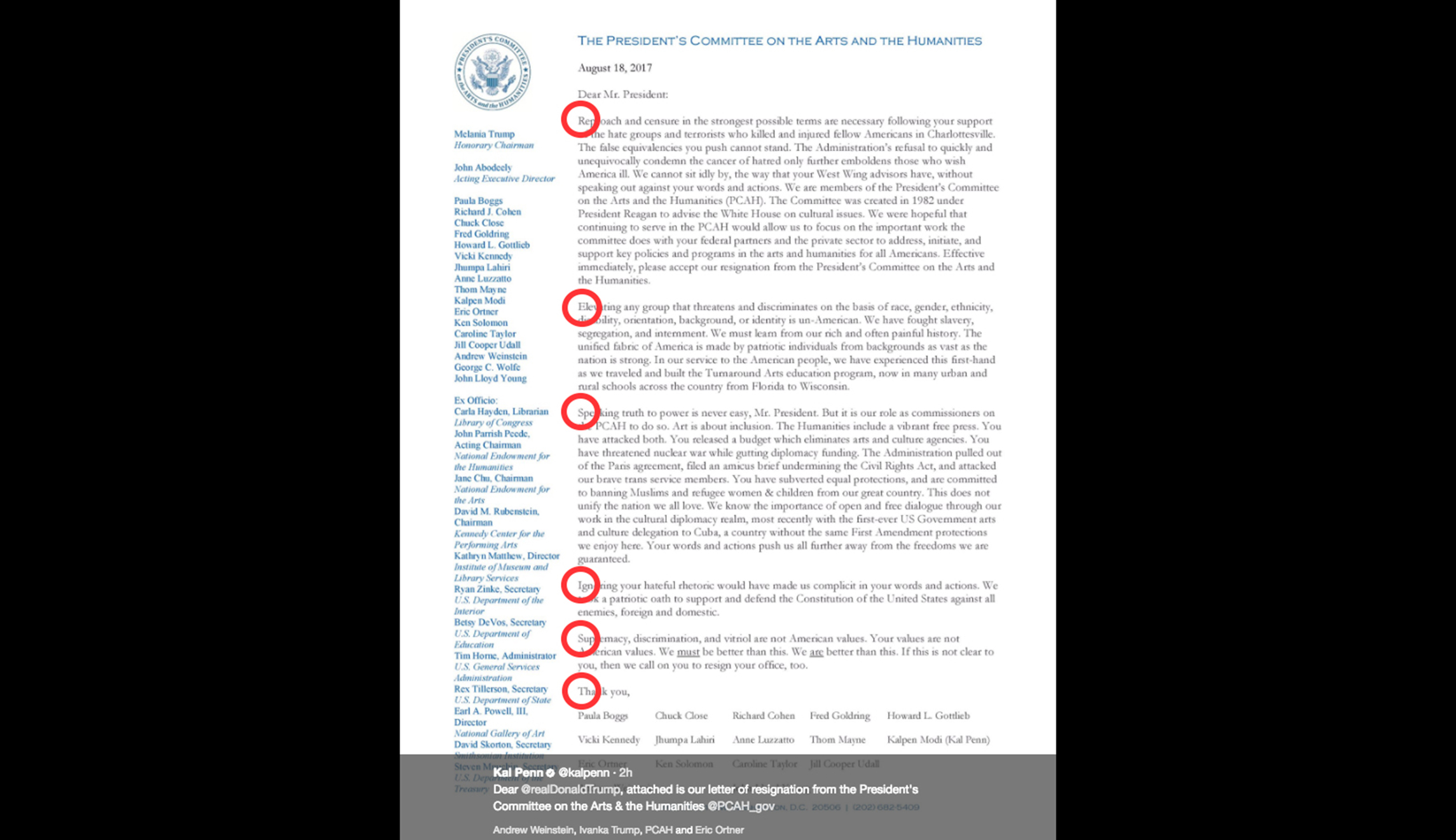 Arts and humanities committee leaves hidden message for Trump in resignation letter
