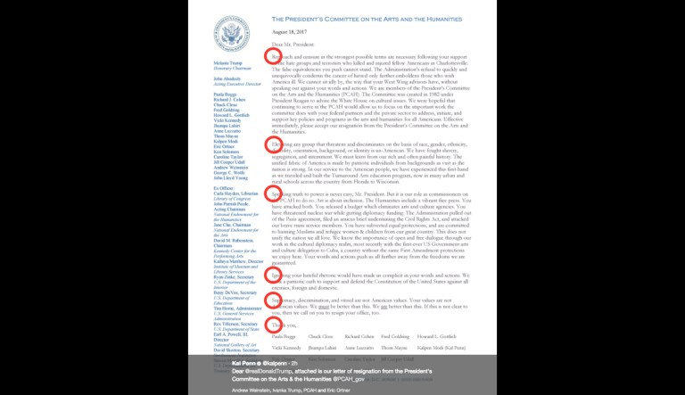 The first letter of each paragraph of a letter members of the presidentâs arts and humanities commission sent to President Trump resigning from the panel spell out the word 