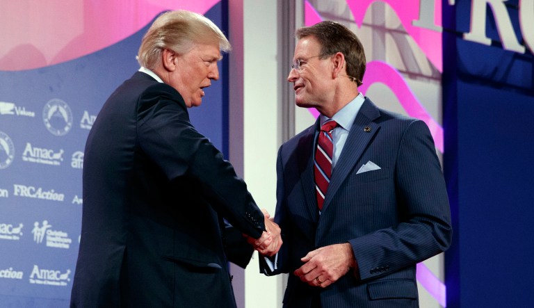 Family Research Council president Tony Perkins was asked about reports of Donald Trump's affair with Stephanie Clifford, whose stage name is Stormy Daniels, in 2006 — months after his wife, Melania, gave birth to their son. (AP Photo/Evan Vucci)