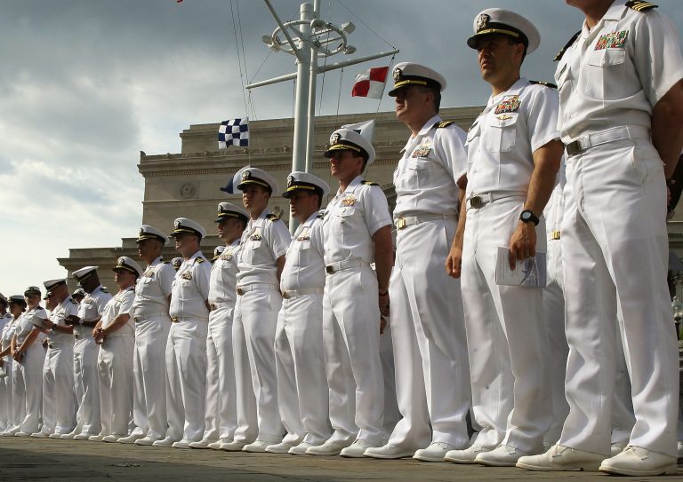 Navy personnel attend a ceremony and commemoration of the 70th anniversary of the Battle of Midway at the U.S. Navy Memorial on June 4, 2012 in Washington, DC. (Photo by Mark Wilson/Getty Images)