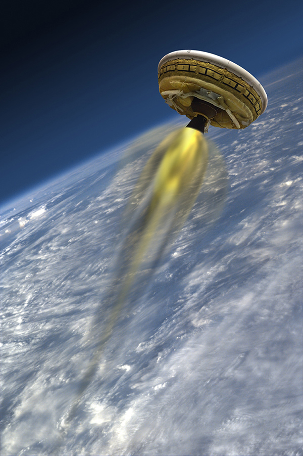 This artist's concept shows the test vehicle for NASA's Low-Density Supersonic Decelerator (LDSD), designed to test landing technologies for future Mars missions. A balloon will lift the vehicle to high altitudes, where a rocket will take it even higher, to the top of the stratosphere, at several times the speed of sound. (Courtesy of JPL/NASA)