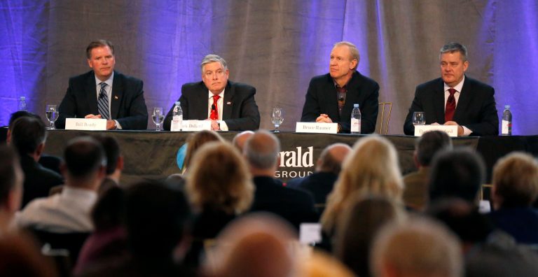 Republican primary candidates for Illinois governor, from left, State Sen. Bill Brady, State Sen. Kirk Dillard, Businessman Bruce Rauner and Illinois Treasurer Dan Rutherford listen to a question during a business forum in Mount Prospect, Ill. (AP Photo/Charles Rex Arbogast)