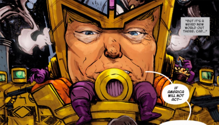 The Marvel villain M.O.D.O.K (Mental Organism Designed Only for Killing) — a giant head with arms, legs and a thirst for destruction — was reimagined in the Spider-Gwen universe as Donald Trump. (Marvel)
