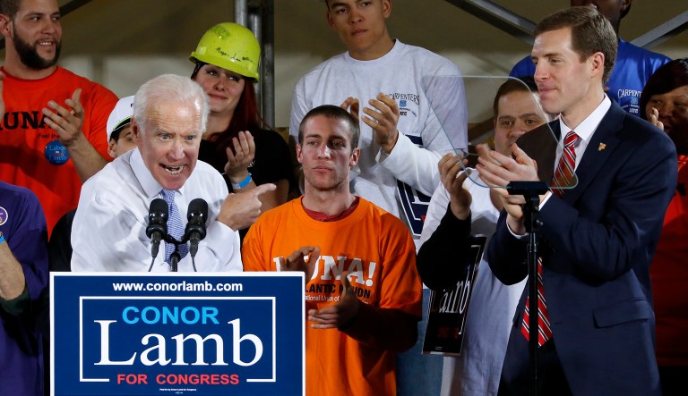 Former Vice President Joe Biden points at Conor Lamb, right, the Democratic candidate for the March 13 special election in Pennsylvania's 18th Congressional District. (AP Photo/Gene J. Puskar)