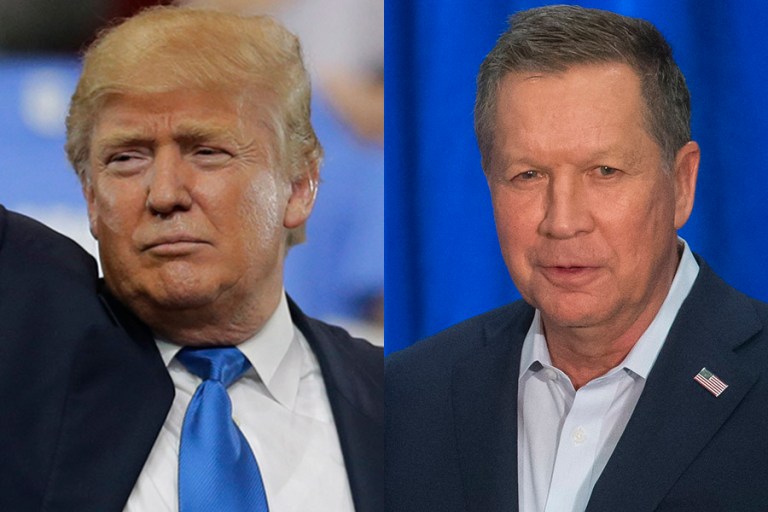 Both Trump and Kasich register 33 percent support in the CBS News Battleground Tracker poll. (AP photos)
