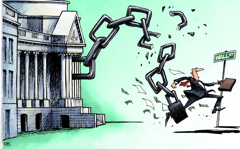 President Trump and congressional Republicans speak with one voice in arguing that, to boost economic growth, which has been feeble for years, credit must flow more easily to businesses. (Illustration by Nate Beeler for the Washington Examiner)