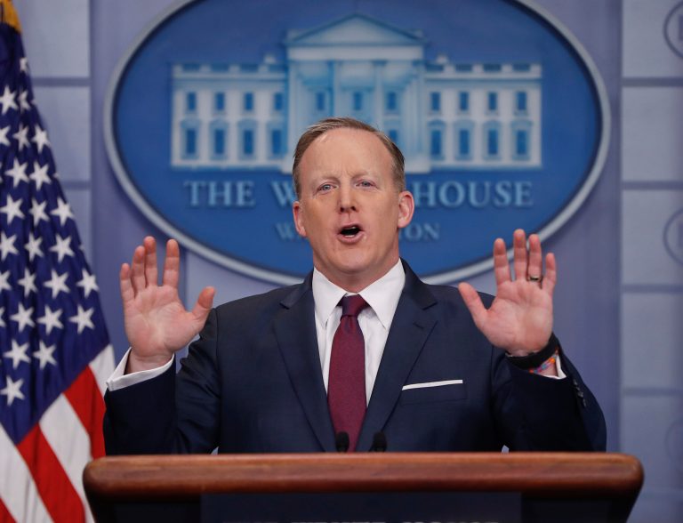 White House press secretary Sean Spicer speaks to the media during the daily briefing in the Brady Press Briefing Room of the White House in Washington, Friday, March 24, 2017. (AP Photo/Pablo Martinez Monsivais)