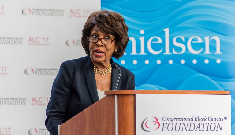 Rep. Maxine Waters, D-Calif., speaks at the unveiling of Nielsen's seventh annual Diverse Intelligence Series report on African-Americans at the Congressional Black Caucus Foundation annual conference in Washington, Sept. 21, 2017. (AP Photo/Andre Chung/Nielsen)
