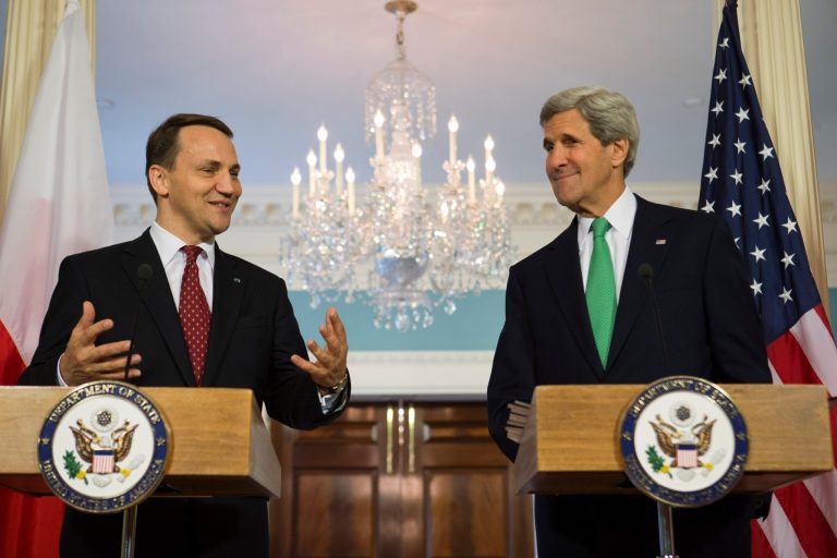 Secretary of State John Kerry shakes hands with Polish Foreign Minister Radoslaw Sikorski during a joint news conference at the State Department in Washington last year. (AP Photo/Jacquelyn Martin)