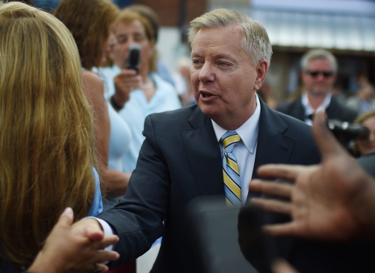Sen. Lindsey Graham, R-S.C. greets supporters after announcing his bid for presidential election on Monday, June 1, 2015, in Central, S.C. (AP Photo/Rainier Ehrhardt)