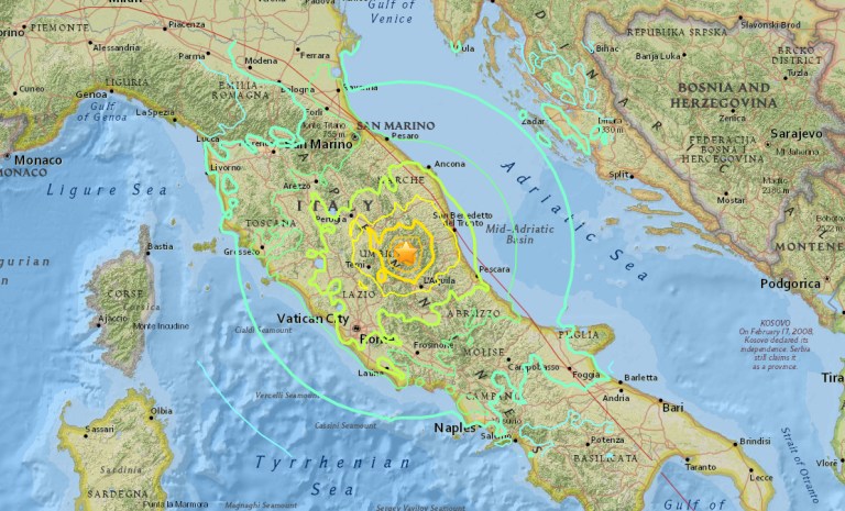 A 6.2-magnitude earthquake struck central Italy around 3:30 a.m. local time Wednesday, according to the U.S. Geological Survey. The quake was felt approximately 100 miles southwest in Italy's capital, Rome. (Photo courtesy of USGS)