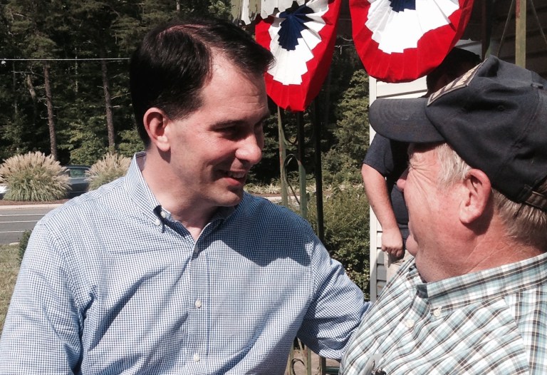 Republican presidential candidate Wisconsin Gov. Scott WalkerÂ speaking at a barbecue at the local Republican headquarters inÂ Prince William County, Virginia Saturday. (Curt Mills/Washington Examiner)