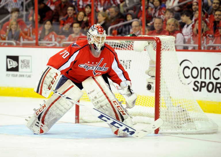 Washington Capitals goalie Braden Holtby (70) looks on during the second period of an NHL hockey game against the Pittsburgh Penguins, Sunday, Feb. 3, 2013, in Washington. (AP Photo/Nick Wass)