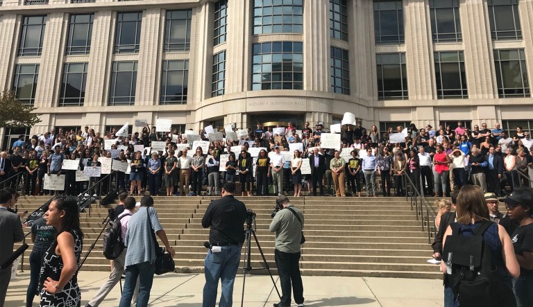 Hundreds of students protested outside Georgetown University Law Center as Sessions delivered his speech. (@politiCOHEN_/Twitter)