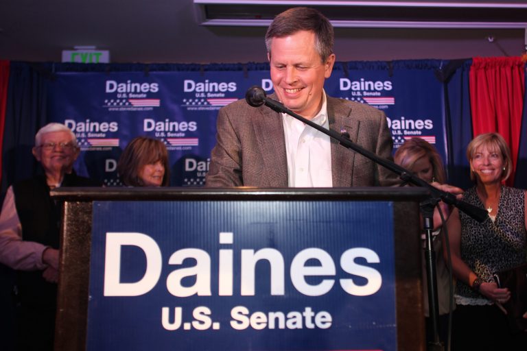 Rep. Steve Daines, R-Mont., gives a speech after his Republican primary victory, Tuesday, June 3, 2014, at the Hilton Garden Inn in Bozeman, Mont. (AP Photo/Janie Osborne)