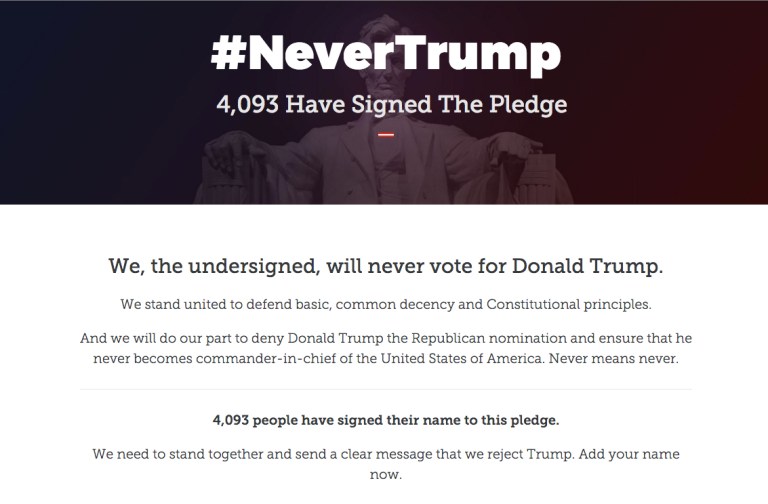 The Never Trump PAC-sponsored website is one page that asks visitors to pledge their non-support to Trump by sharing their full name, email address and ZIP code. (Screenshot)