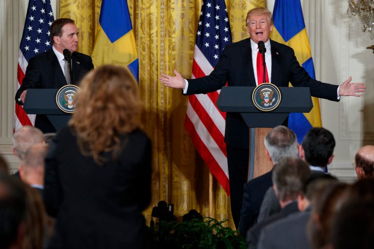 President Donald Trump speaks during a news conference with Swedish Prime Minister Stefan Lofven in the East Room of the White House, Tuesday, March 6, 2018, in Washington. (AP Photo/Evan Vucci)