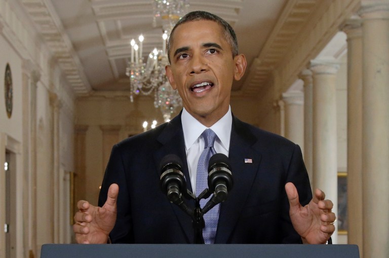   President Barack Obama addresses the nation in a live televised speech from the East Room of the White House in Washington, Tuesday, Sept. 10, 2013. President Obama blended the threat of military action with the hope of a diplomatic solution as he works to strip Syria of its chemical weapons. (AP Photo/Evan Vucci, Pool)  
