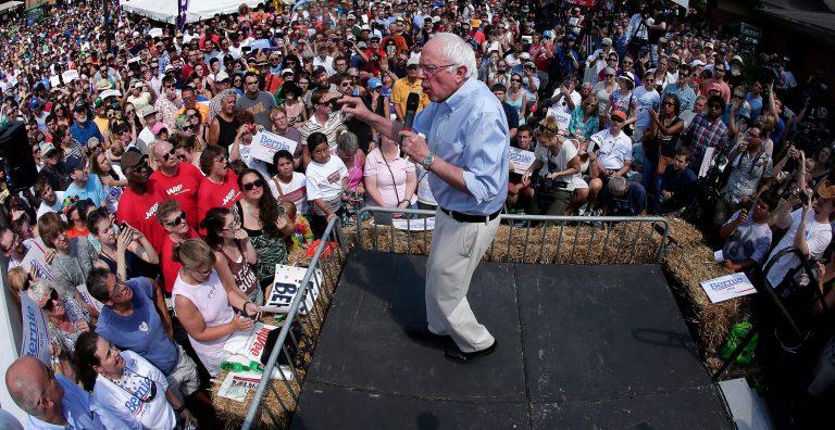 Democratic presidential candidate Sen. Bernie Sanders, I-Vt., speaks at the Iowa State Fair on Saturday, Aug. 15, 2015, in Des Moines. (AP Photo/Charlie Riedel)