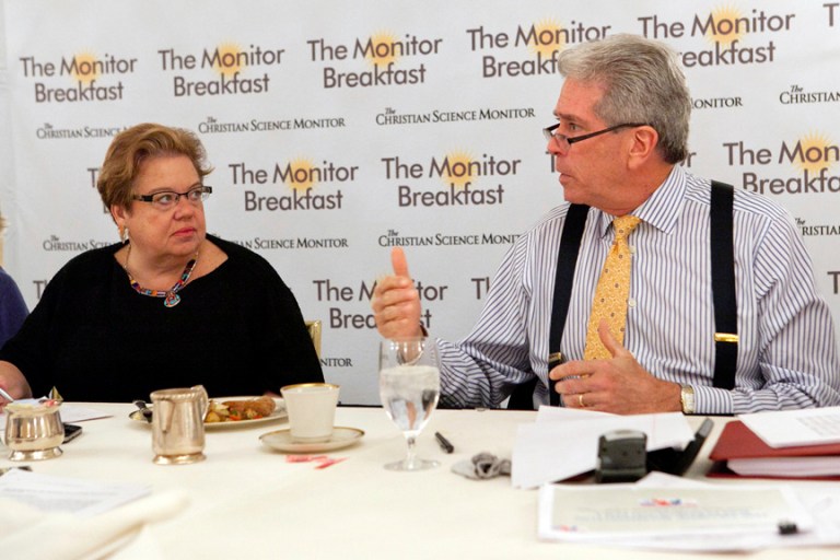 Democratic pollster Celinda Lake and GOP pollster Ed Goeas release the George Washington University Battleground Poll.ÃÂ Michael Bonfigli/The Christian Science Monitor.