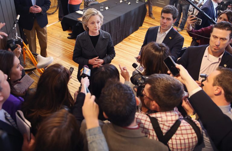 Democratic presidential hopeful and former Secretary of State Hillary Clinton takes questions from the press after an event in Cedar Falls, Iowa.Â On Monday, Clinton's campaign staff barred the press from her first New Hampshire campaign stop.Â (Scott Olson/Getty Images)