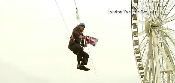 Mayor of London Boris Johnson gets stuck on a zipline