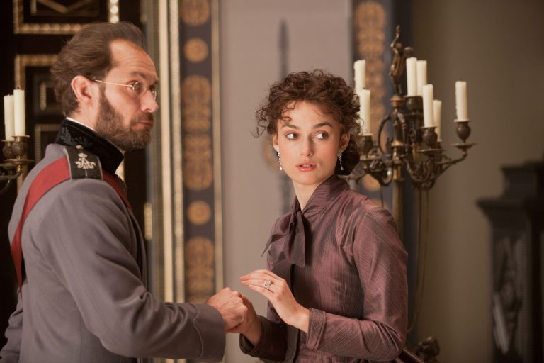 This film image released by Focus Features shows Jude Law, left, and Keira Knightley in a scene from 