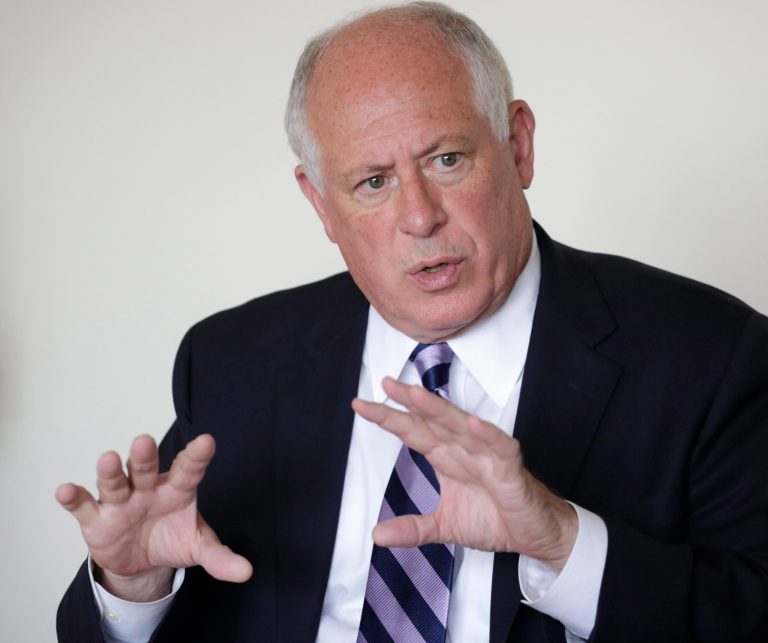 FILE - In this Sept. 19, 2014, file photo, Illinois Gov. Pat Quinn speaks during an interview with The Associated Press in Chicago. Quinn is running against Republican Bruce Rauner in the November general election. The candidates differ on who should pay for an Obama presidential library if it's in Illinois, with Quinn saying it should be a mix of private and public funds and Rauner saying it should be all private money. (AP Photo/M. Spencer Green, File)