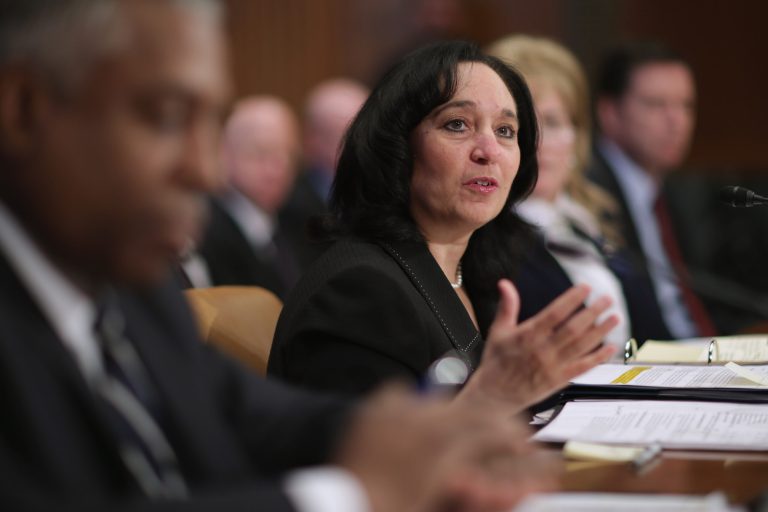 Then-Drug Enforcement Administration Administrator Michelle Leonhart testifies before the Senate Appropriations Committee's Commerce, Justice, Science and Related Agencies Subcommittee in the Dirksen Senate Office Building on Capitol Hill March 12, 2015 in Washington. Leonhart was forced to resign amid the sex party scandal. (Photo by Chip Somodevilla/Getty Images)