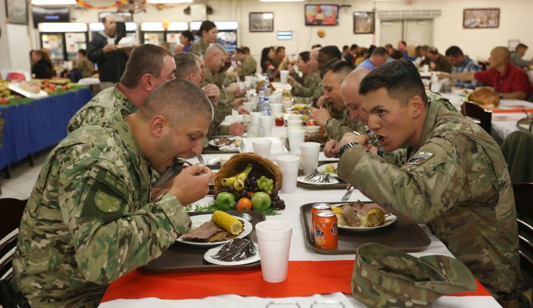 NATO soldiers have their Thanksgiving meal at Resolute Support headquarters, in Kabul, Afghanistan, Thursday, Nov. 24, 2016. Brig. Gen. William Graham said that 