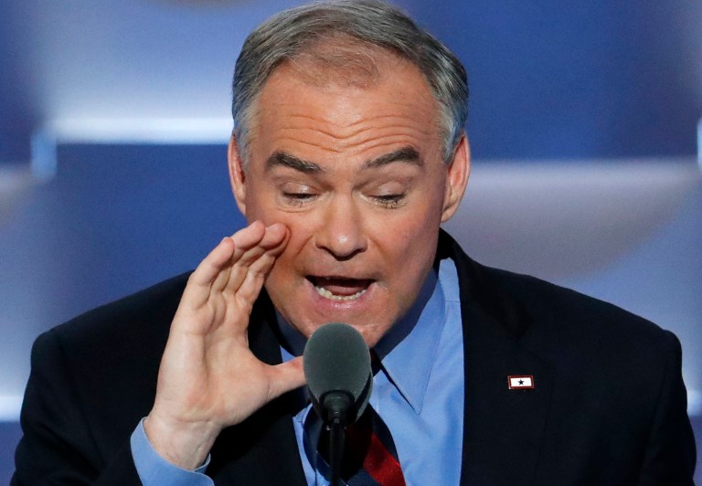 Sen. Tim Kaine, D-Va., wore a Blue Star Families lapel pin to honor his son, Marine Corps 1st Lt. Nathaniel Kaine, who recently deployed to Eastern Europe. (AP Photo/J. Scott Applewhite)