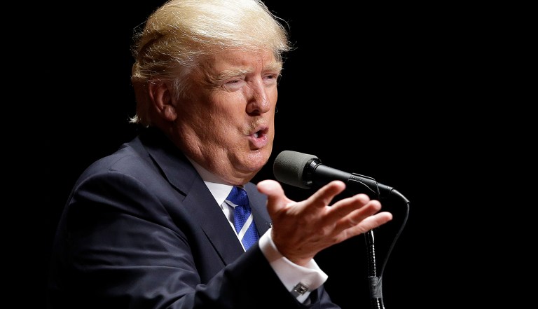 Republican presidential candidate Donald Trump speaks during a campaign stop at Old National Events Plaza, Thursday, April 28, 2016, in Evansville, Ind. (AP Photo/Darron Cummings)