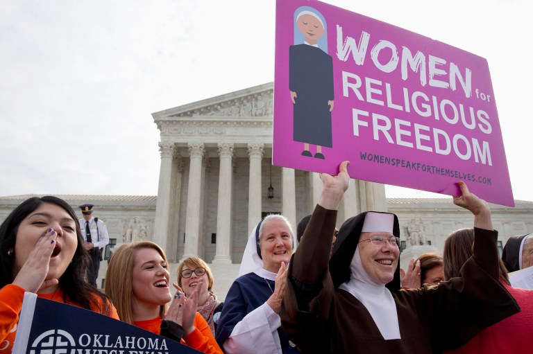 The justices last week heard oral arguments in Zubik v. Burwell, a case in which 37 religious nonprofits such as Little Sisters of the Poor and Notre Dame University are challenging Obamacare's mandate that employers must provide birth control coverage. (AP Photo/Jacquelyn Martin)