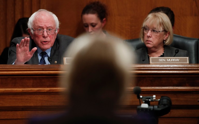Sen. Bernie Sanders, I-Vt., questions Education Secretary-designate Betsy DeVos at her Senate panel confirmation hearing. 