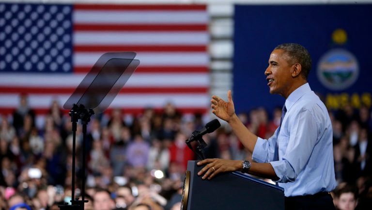 President Obama speaks during a visit to the University of Kansas on Jan. 22 in Lawrence, Kan. (AP/Charlie Riedel)