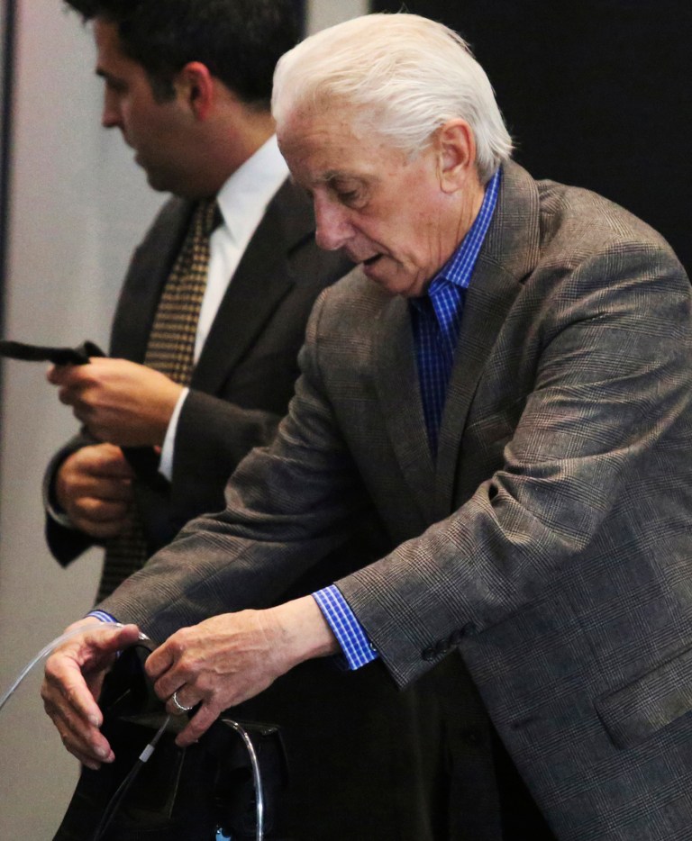 FILE - In this April 30, 2014 file photo, former Illinois state Rep. Keith Farnham, of Elgin, arrives at the federal building in Chicago to make his first court appearance since a federal complaint charged him with possession of child pornography. At a status hearing Thursday, July 10, 2014, a lawyer for Farnham told a federal judge his client is talking with prosecutors about a possible plea agreement. The 66-year-old Elgin Democrat has pleaded not guilty to possessing, receiving and transporting child pornography. (AP Photo/Daily Herald, George LeClaire, File)  MANDATORY CREDIT, MAGS OUT